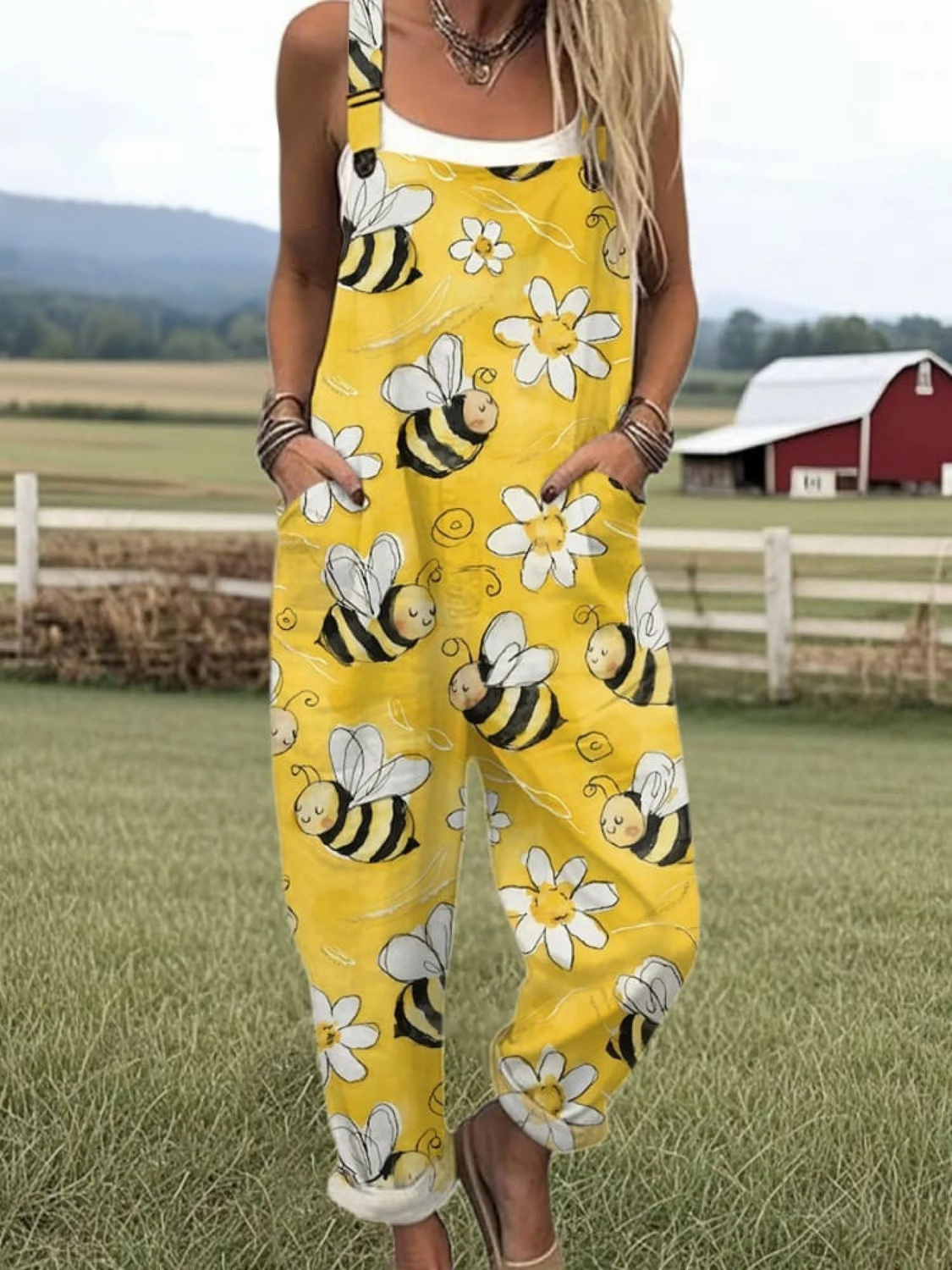 Women's Flying Bees Pattern Casual Wide Leg Linen Jumpsuit
