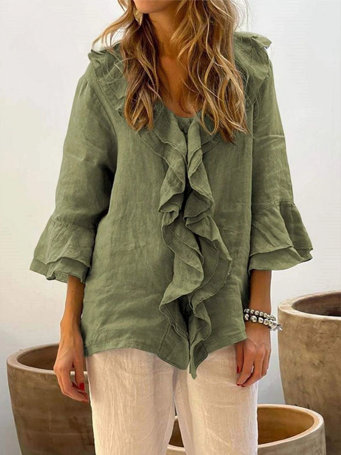 Women's Ruffles Casual 3/4 Sleeves Shirt