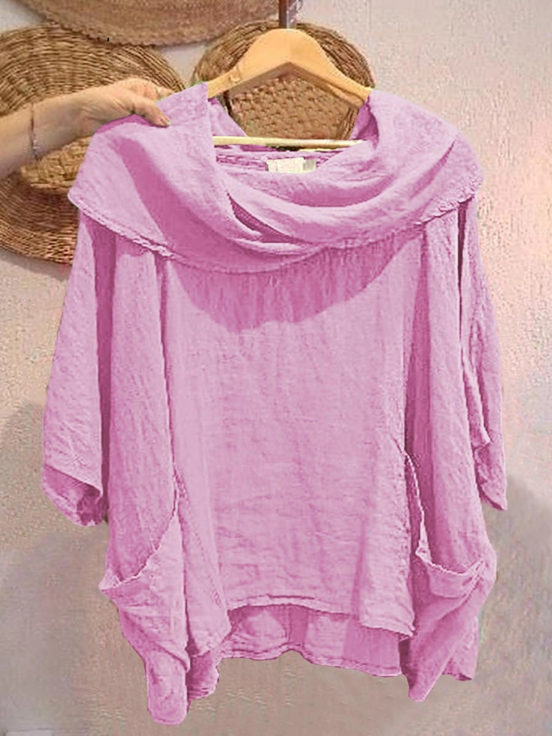 Women's Solid Color Draped Neck 3/4 Sleeve Comfortable Casual Pocket Top