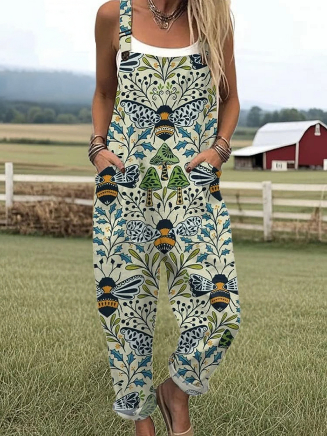 Women's Flying Bees Pattern Casual Wide Leg Linen Jumpsuit