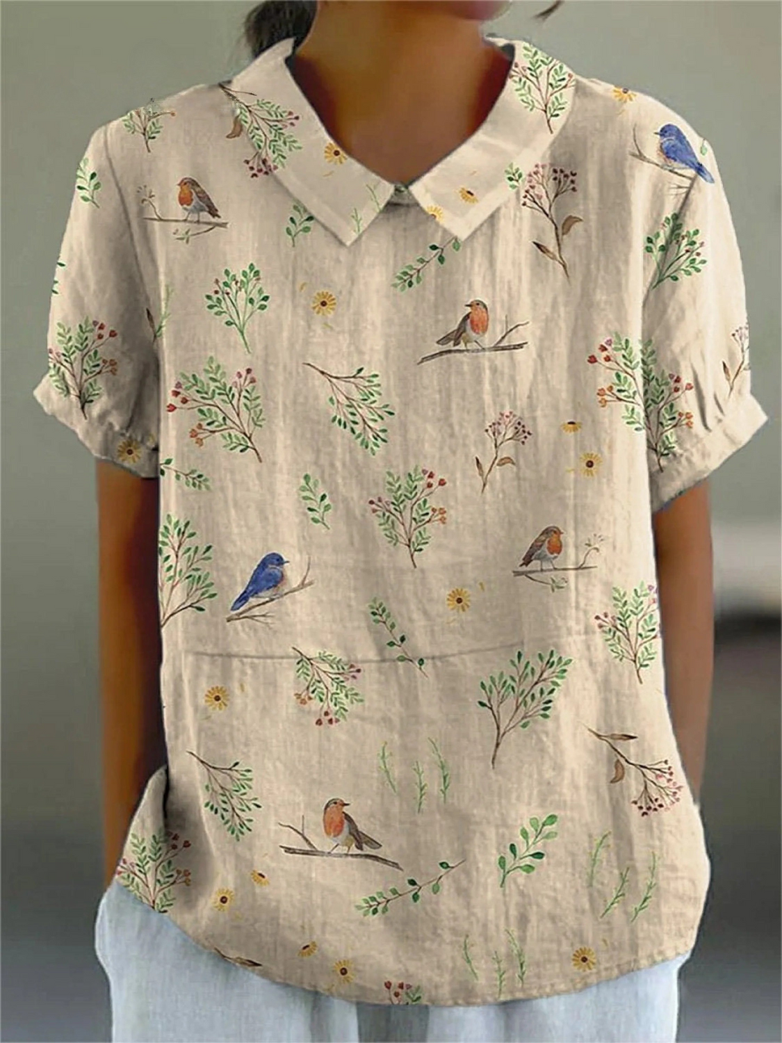 Boughs And Robin Birds Pattern Printed Women's Casual Shirt