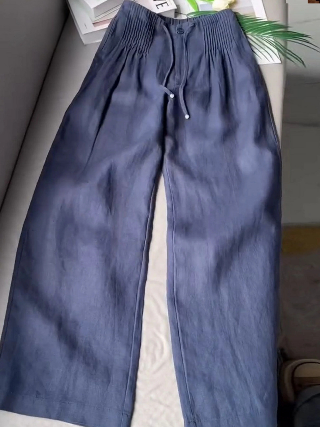 Women's Solid Color Pleated Drawstring Casual Wide Leg Linen Pants