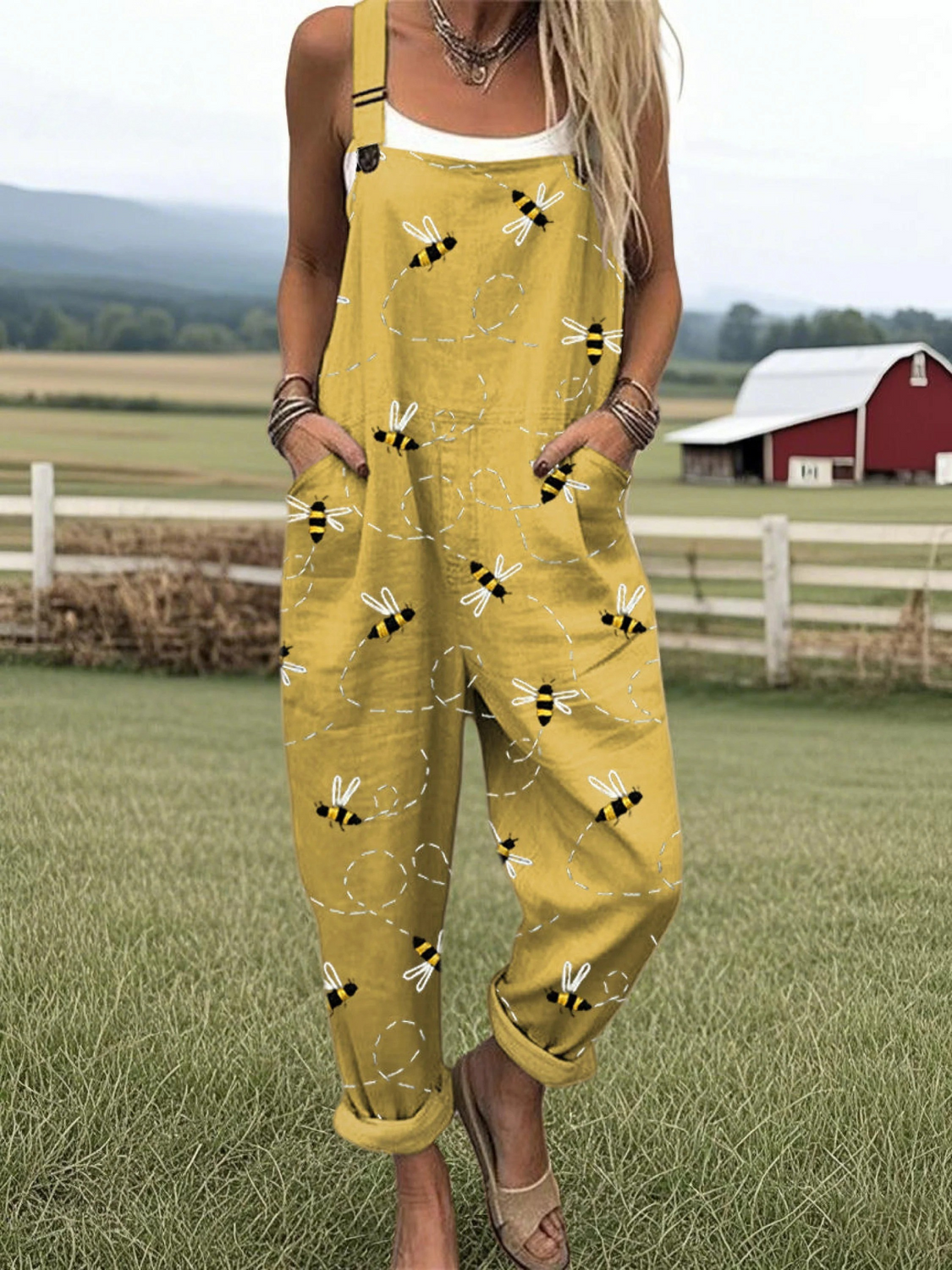 Women's Flying Bees Pattern Casual Wide Leg Linen Jumpsuit