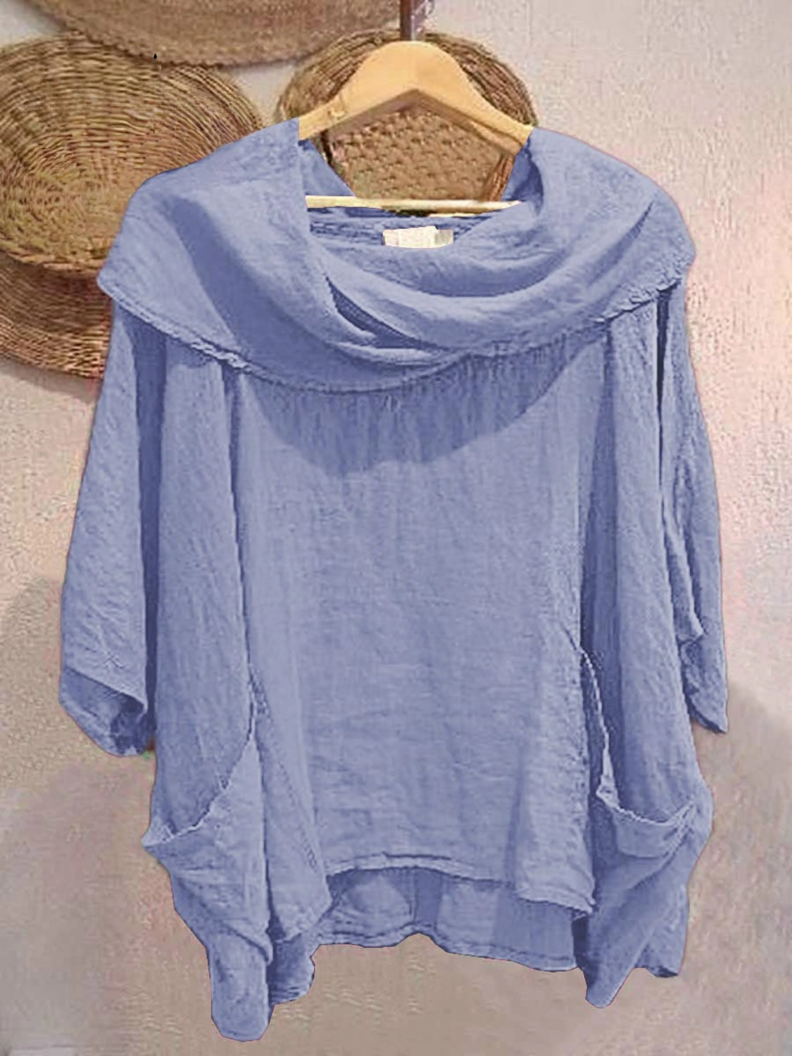 Women's Solid Color Draped Neck 3/4 Sleeve Comfortable Casual Pocket Top