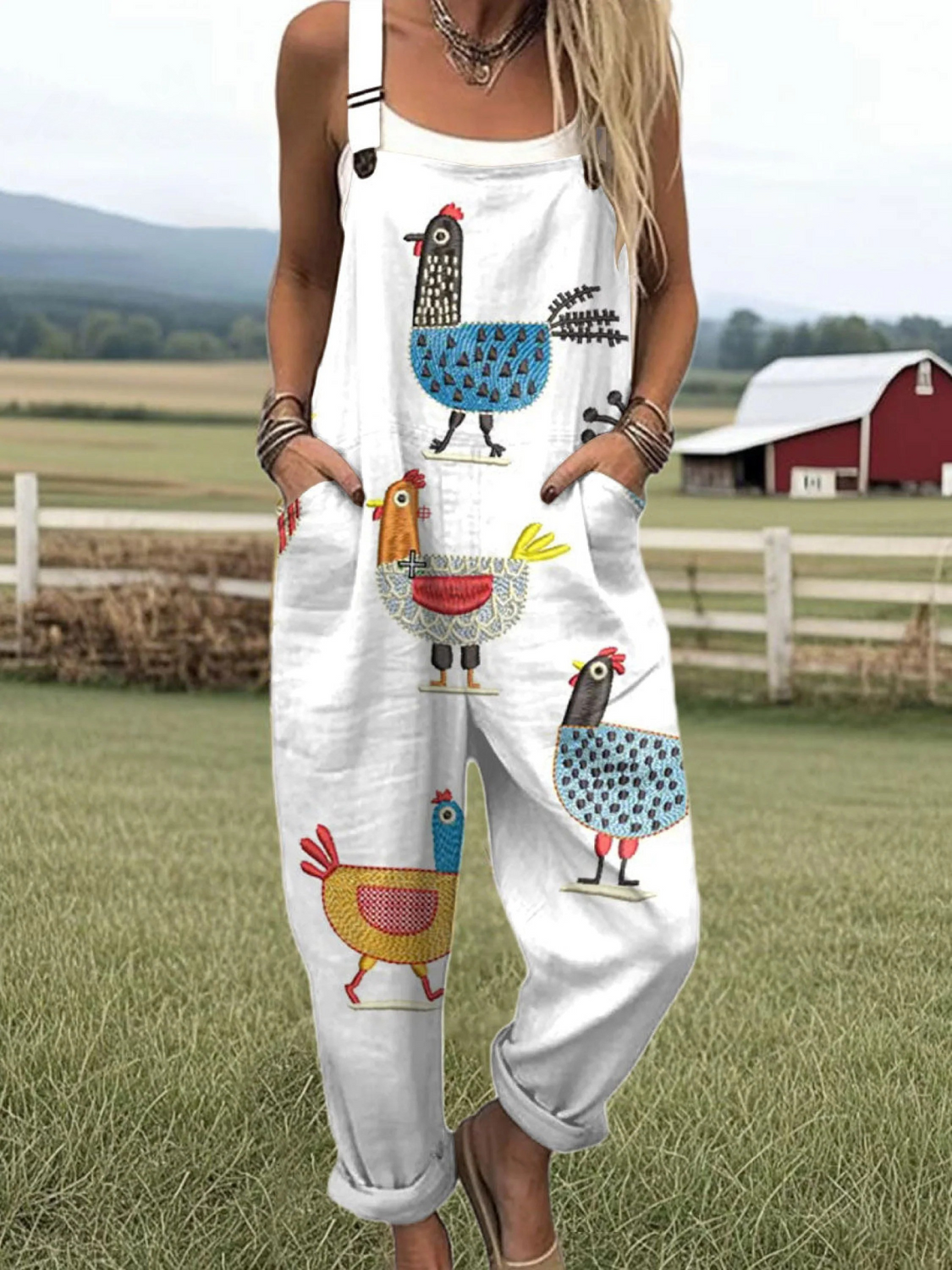 Women's Flying Bees Pattern Casual Wide Leg Linen Jumpsuit