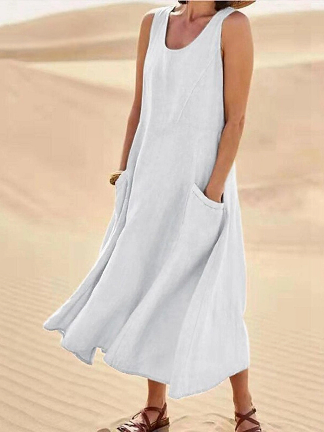 Women Sleeveless Sundress Elegant Round Neck Solid Long Tank Casual Summer Dress