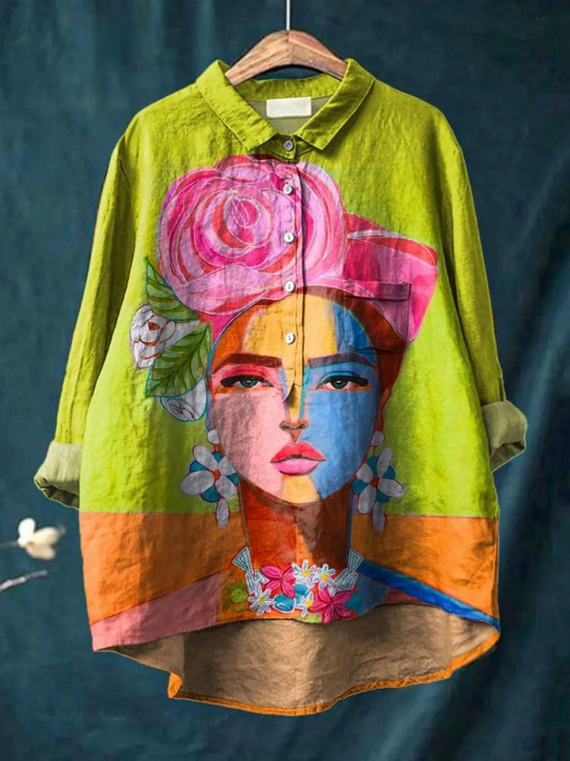 Oil Painting Freda Portrait Art Printed Women's Casual Linen Shirt