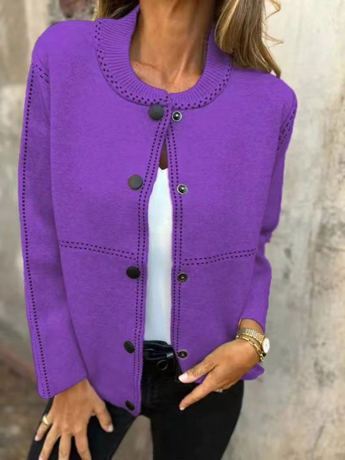 Women's Solid Color Crew Neck Long Sleeve Casual Pocket Baseball Jacket