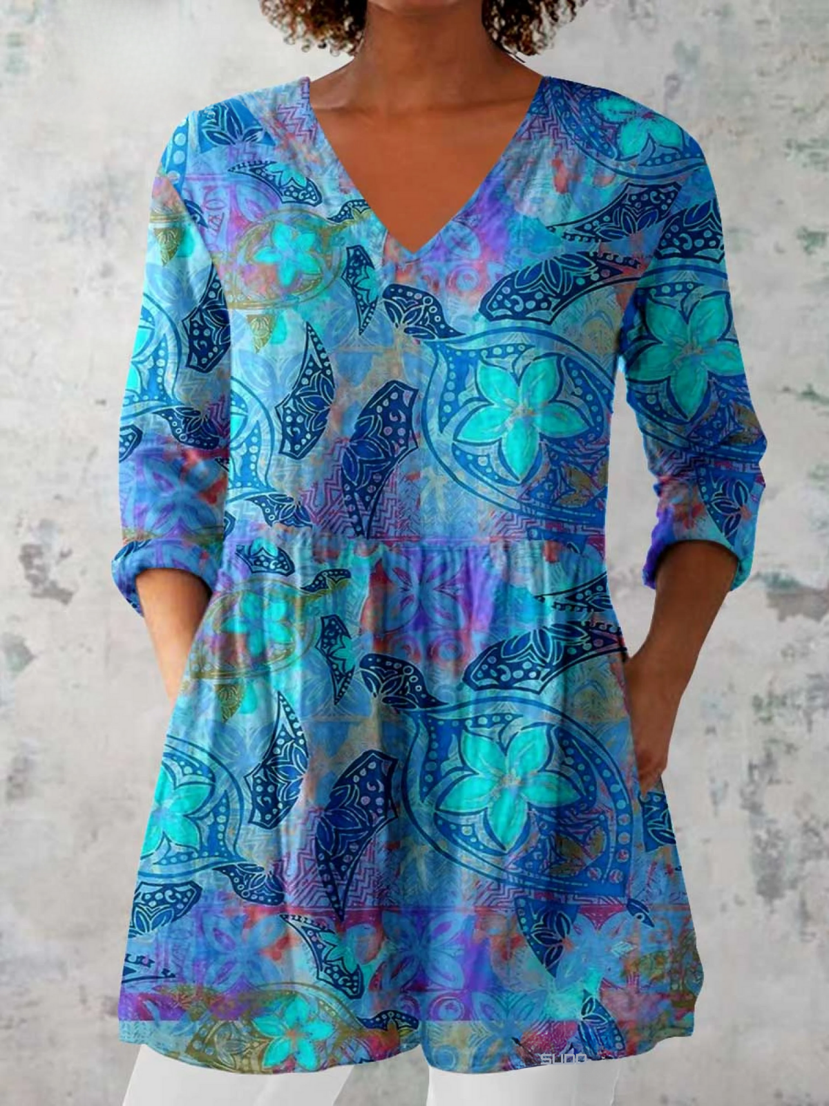 Women's Elegant Floral Pattern Cotton and Linen Tunic
