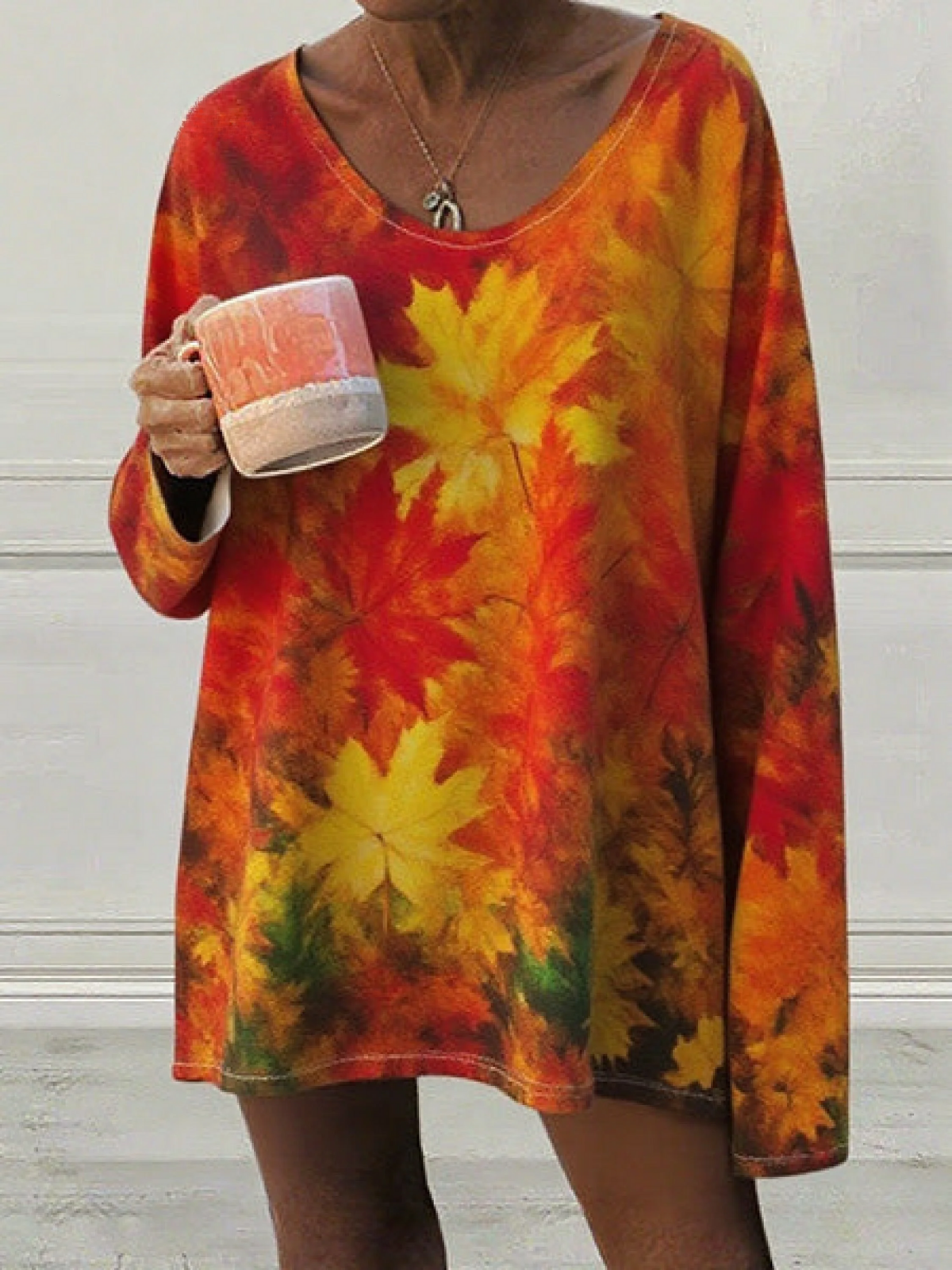 Women's Autumn Maple Leaves Cotton Long Sleeve T-Shirt