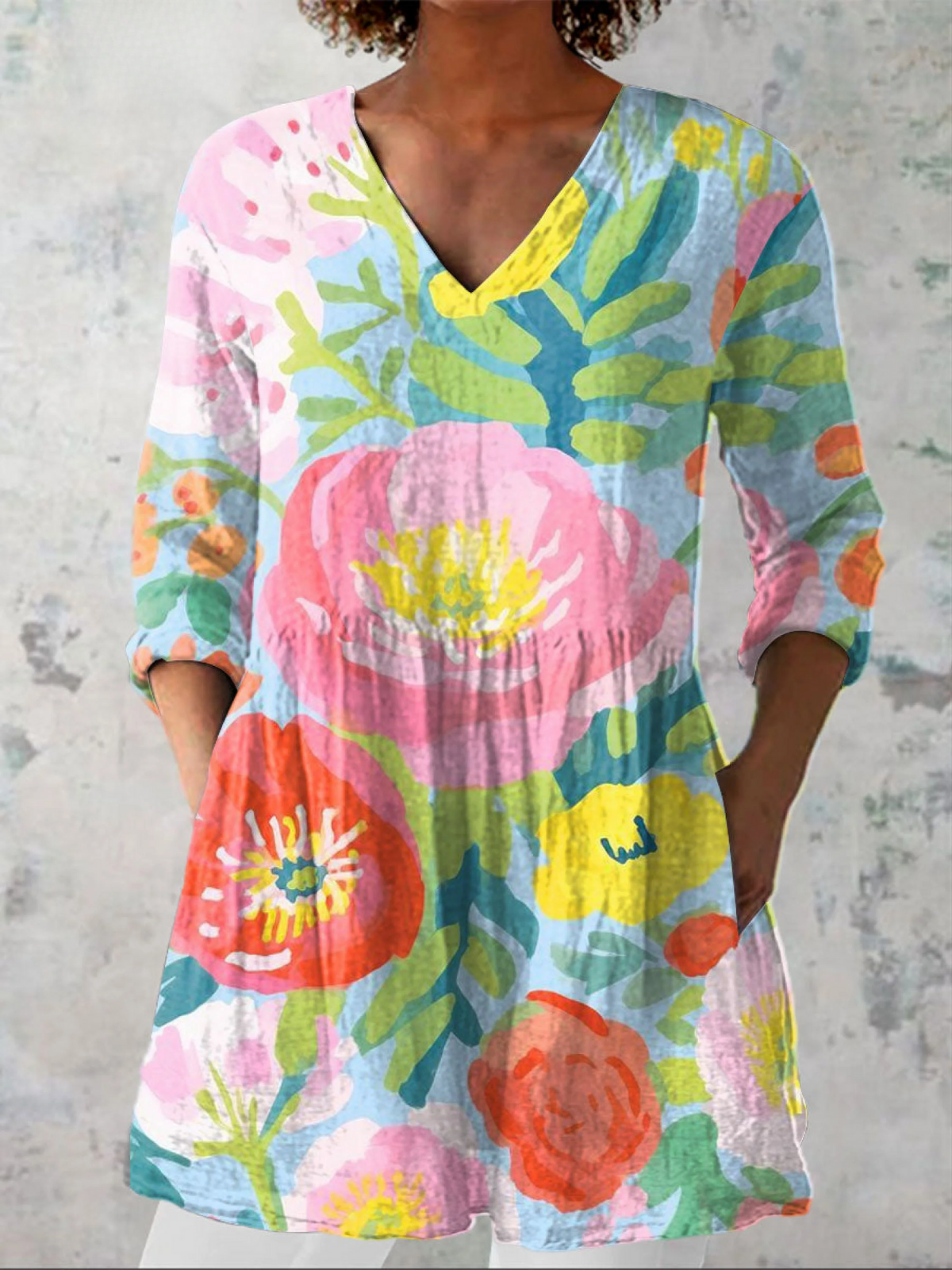 Women's Floral Art Print Casual Linen V-neck Tunic