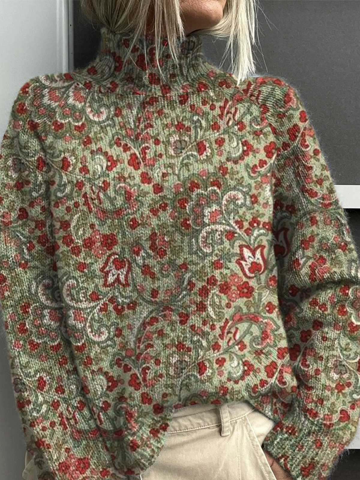 Retro Floral Print Knit Turtleneck Pullover Sweater