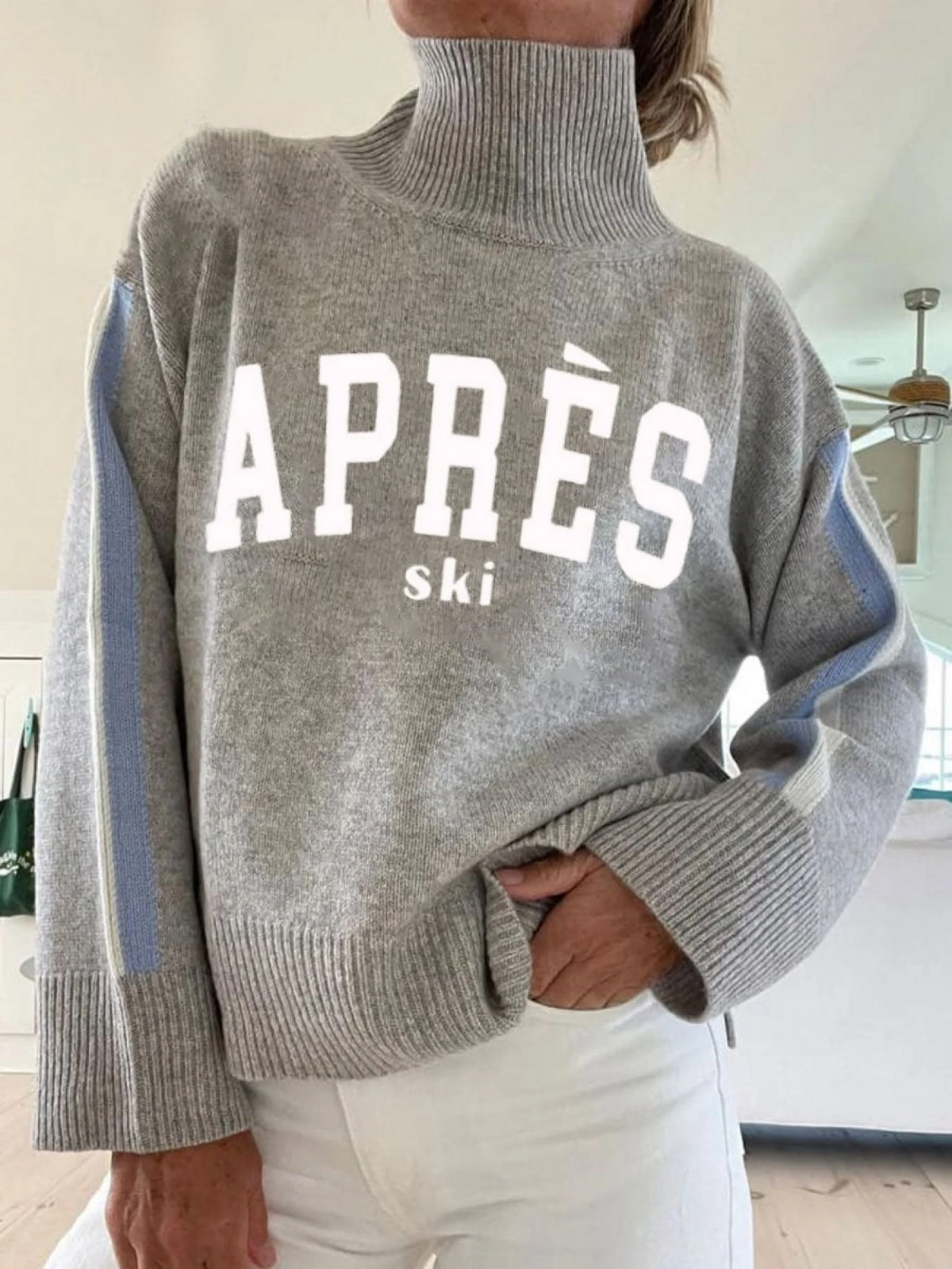 Retro Ski Club Print Knit Turtleneck Pullover Sweater