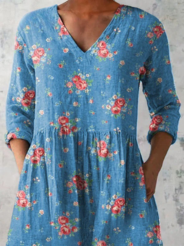 Lovely French Rose Pattern Printed Women's Casual Linen V-Neck Tunic