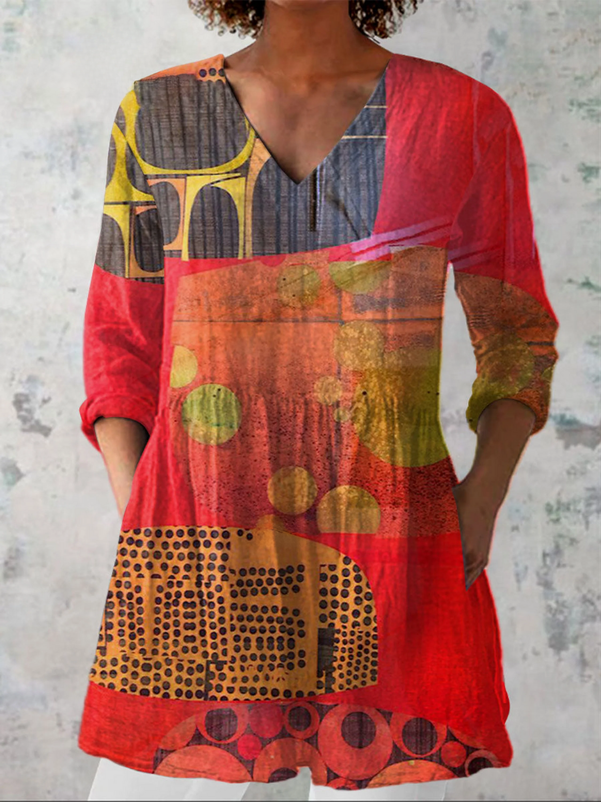 Women's Modern Abstract Art Print Casual Linen V-neck Tunic