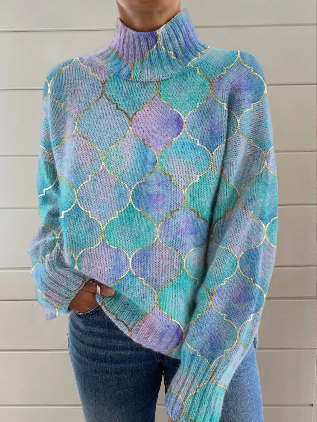 Abstract Geometric Pattern Art Print Knit Turtleneck Pullover Sweater