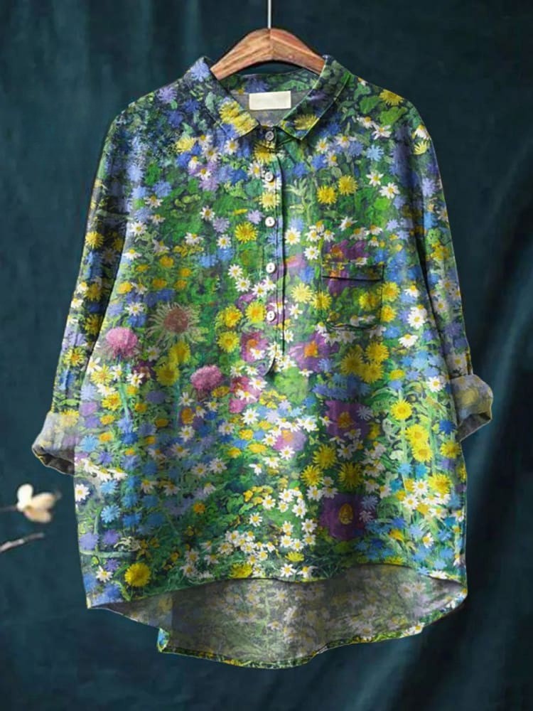 Women's Vintage Floral Art Print Casual Linen Shirt