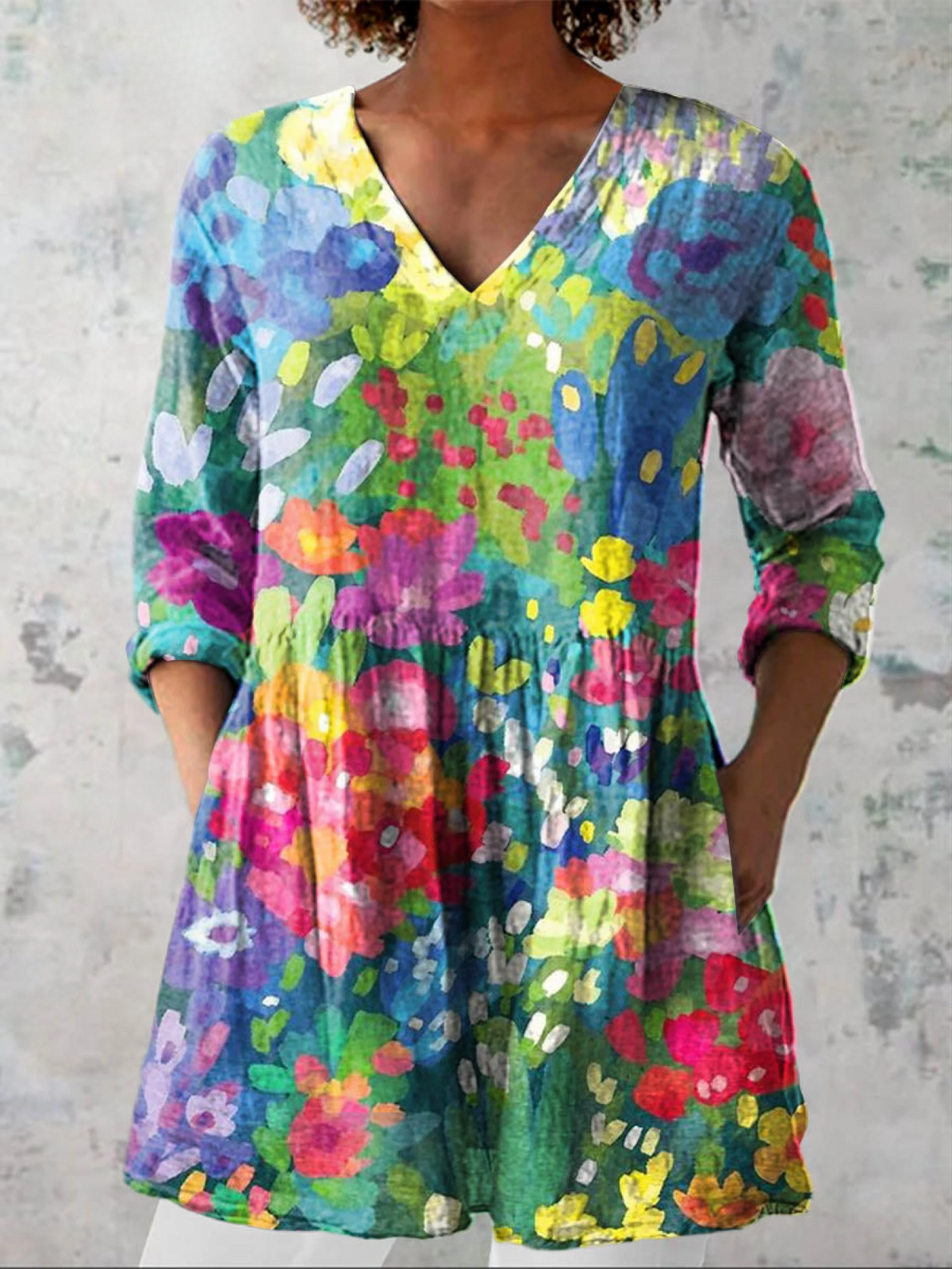 Women's Vintage Floral Art Print Casual Cotton Linen V-neck Tunic