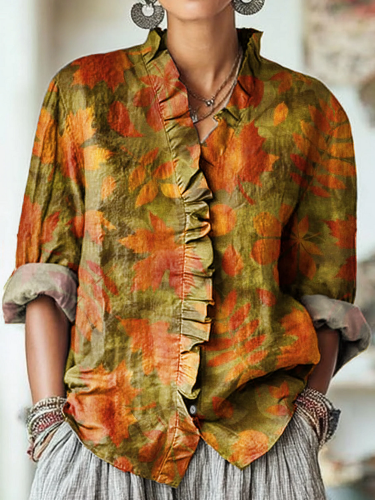 Women's Vintage Autumn Maple Leaf Painting Art Print Casual Cotton And Linen Ruffle Shirt