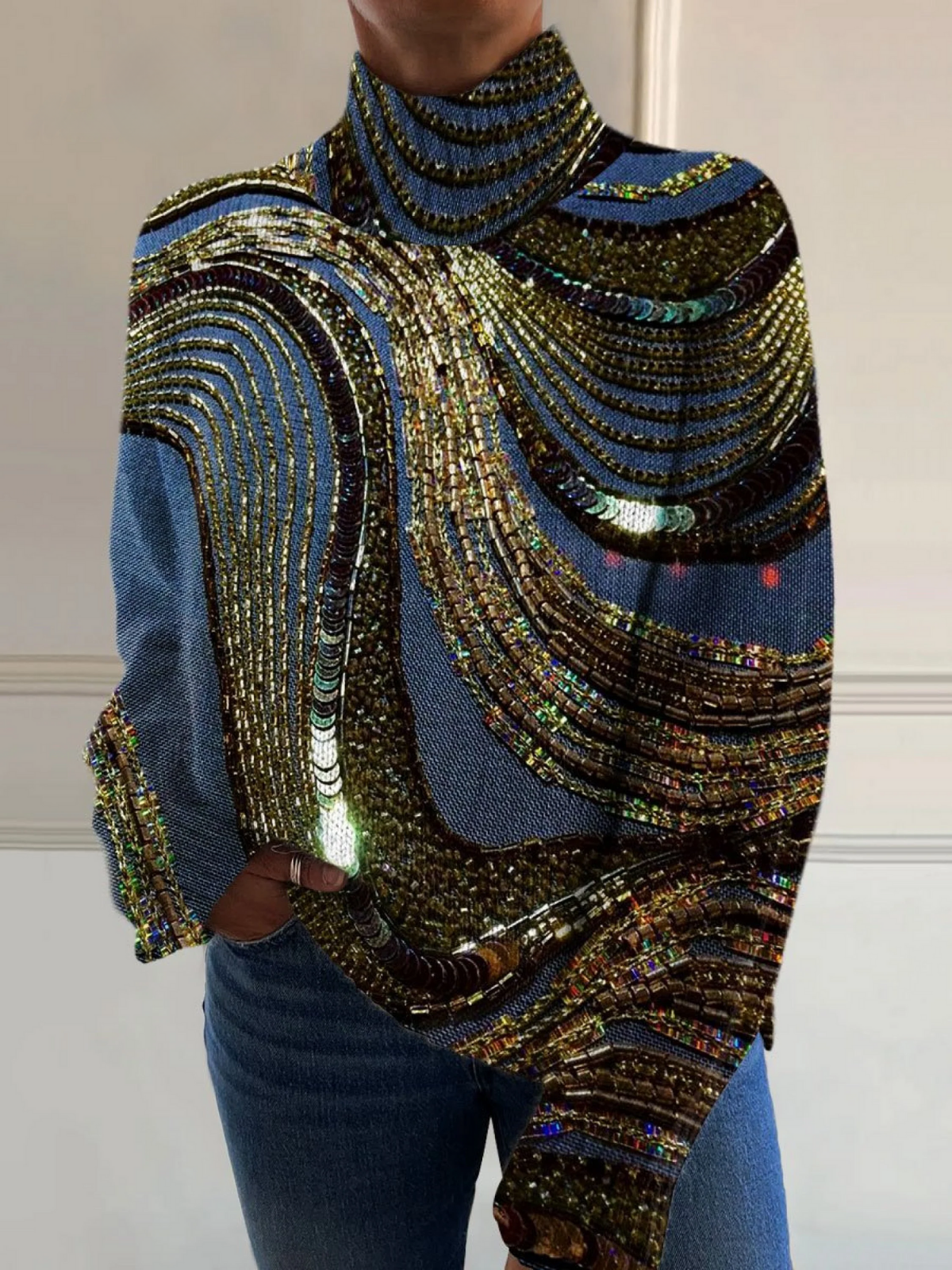 Luxurious Flowing Bead Art Print Knit Turtleneck Pullover Sweater