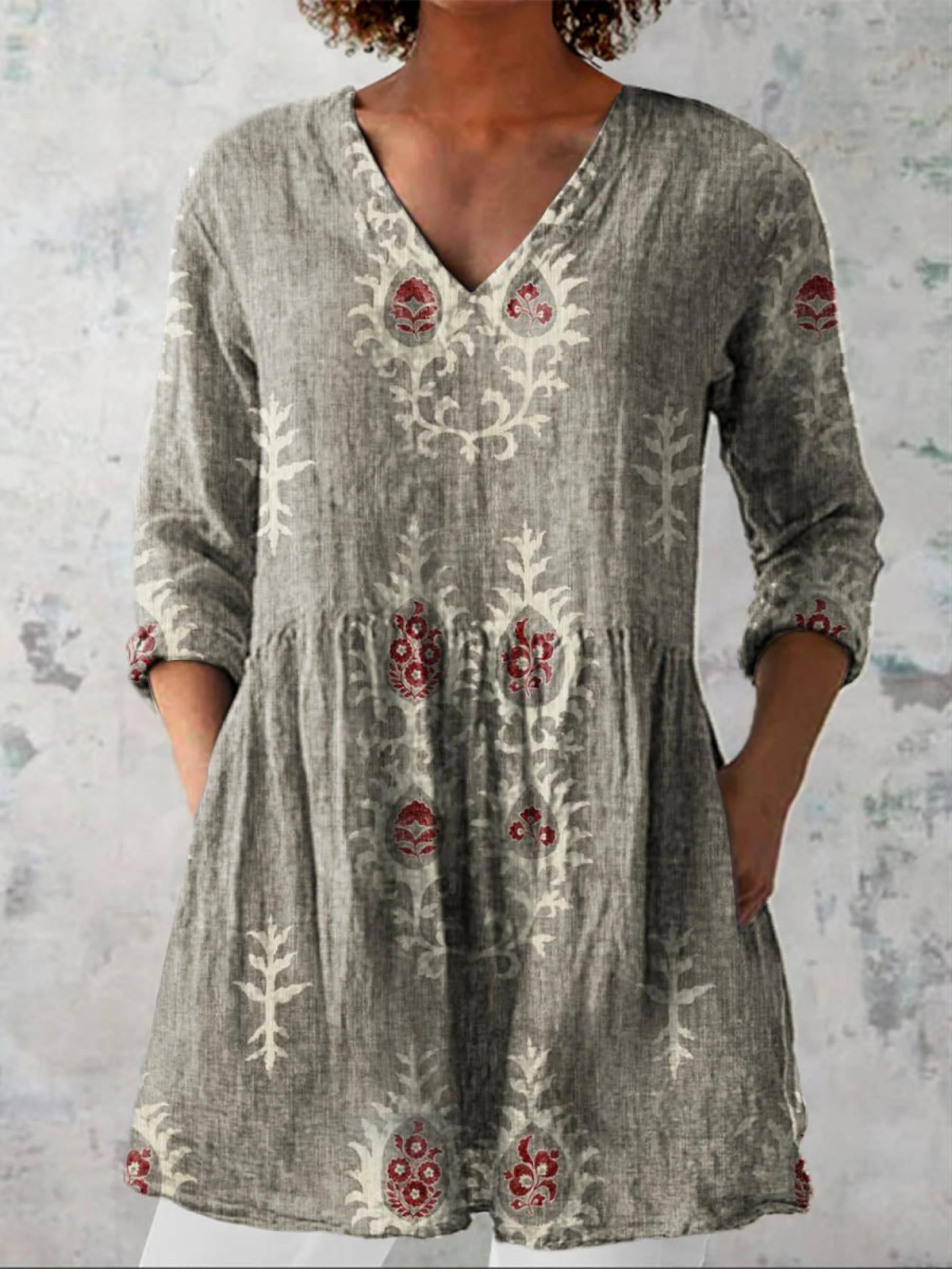 Women's Vintage Ethnic Pattern Art Print Casual Linen V-neck Tunic
