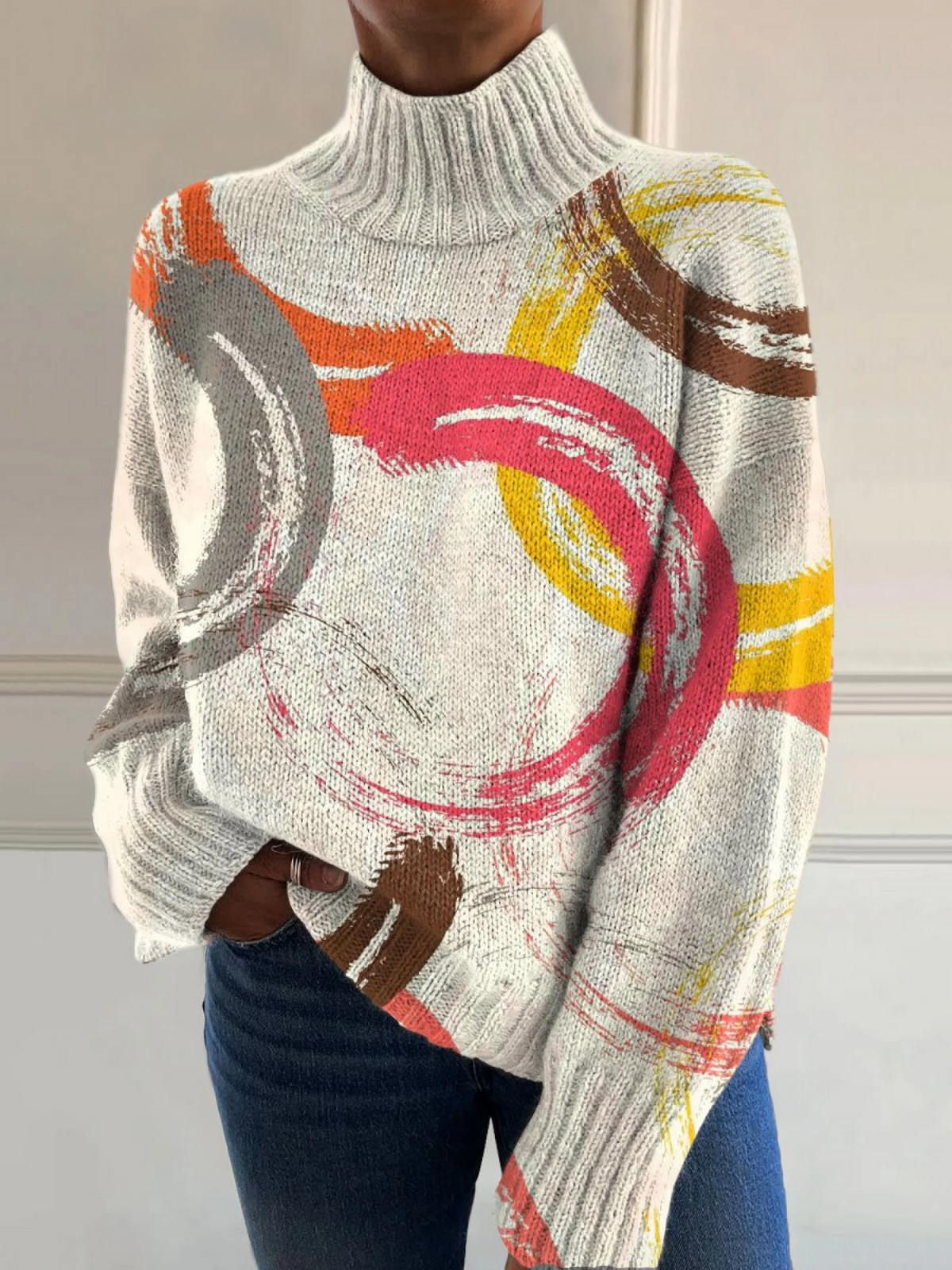 Vintage Color Block Hand Drawn Circle Art Print Knit Turtleneck Pullover Sweater