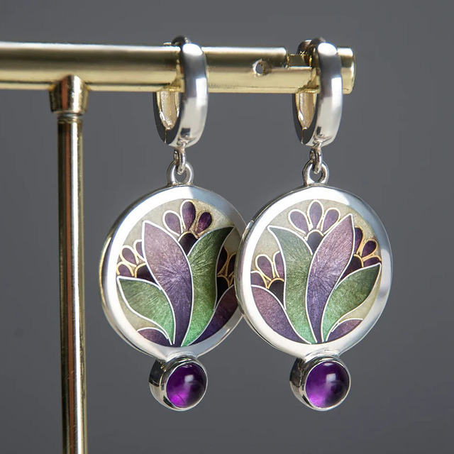 Boho Sterling Silver Earrings with Purple Crystals