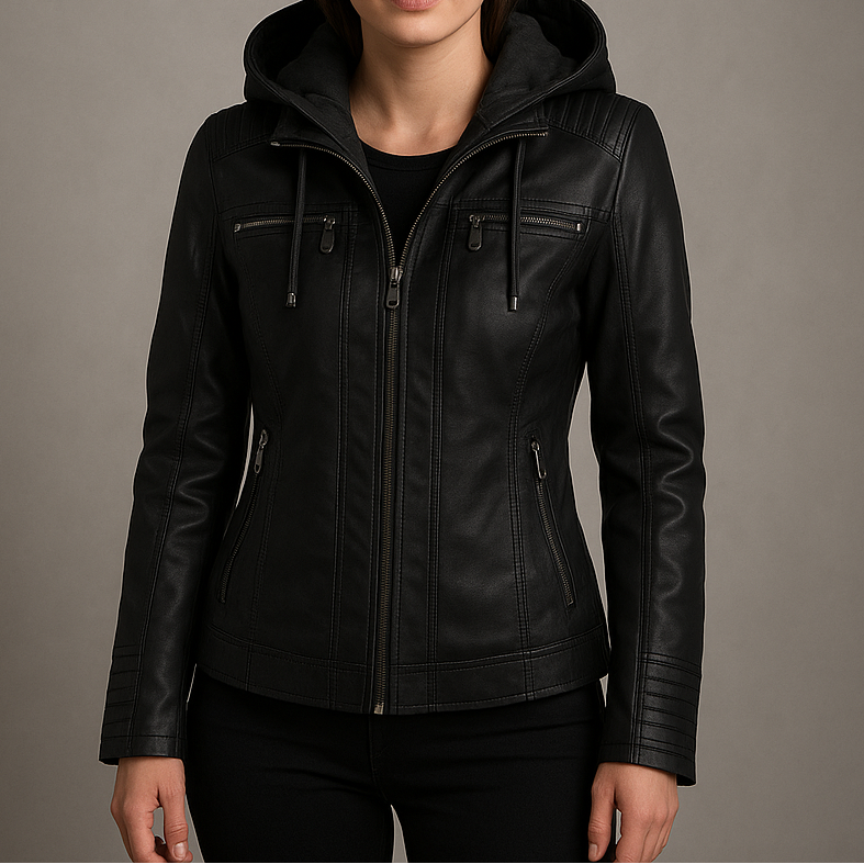 CAMILLE | ELEGANT FAUX LEATHER HOODED JACKET