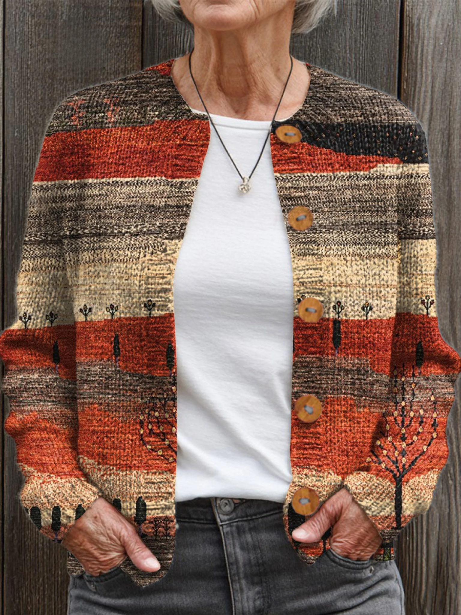 Vintage Art Print Buttoned Cardigan Sweater