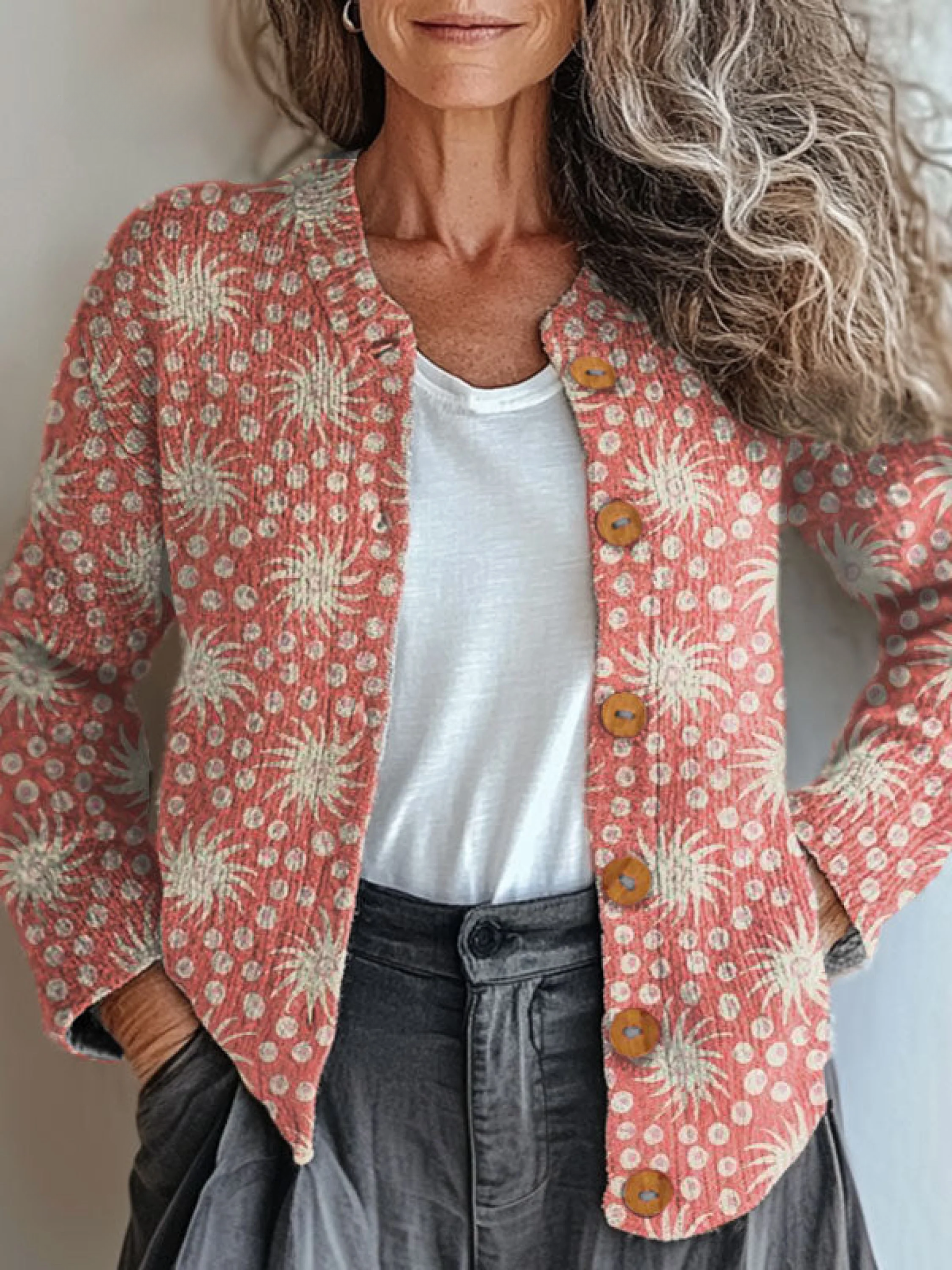 Vintage Flower Art Print Buttoned Cardigan Sweater