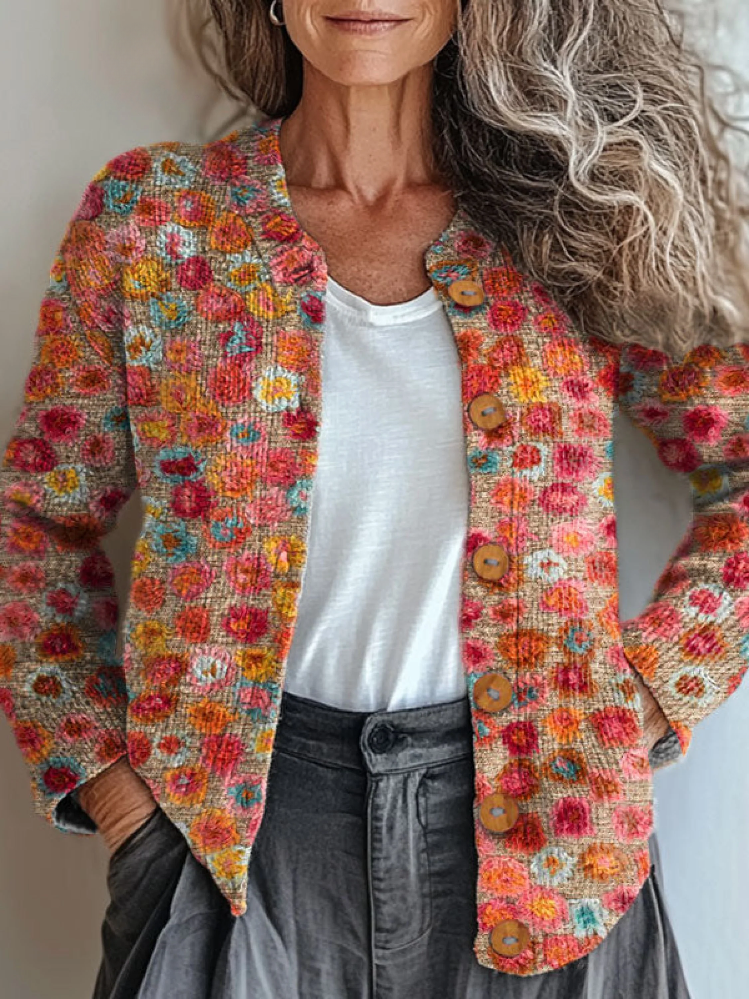 Vintage Flower Art Print Buttoned Cardigan Sweater