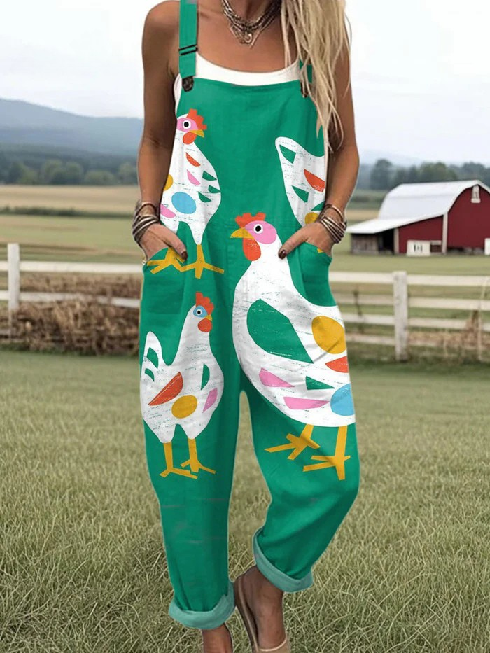 Women's Funny Chick Art Print Casual Wide Leg Linen Jumpsuit