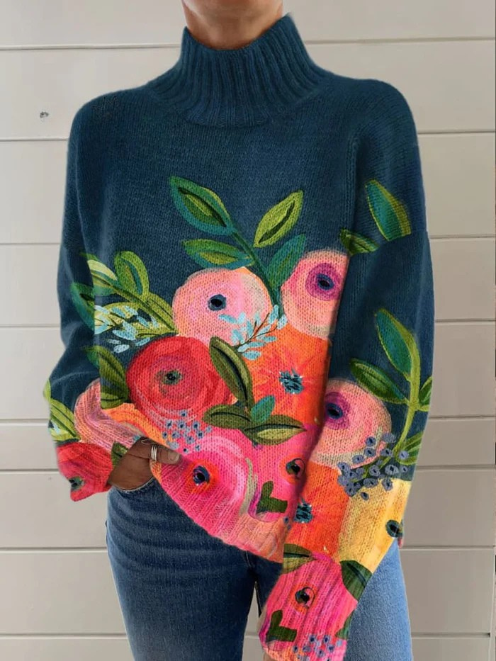 Retro Flower Print Knit Turtleneck Pullover Sweater