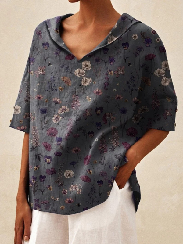 Women's Floral Art Print Casual V-neck Linen Shirt
