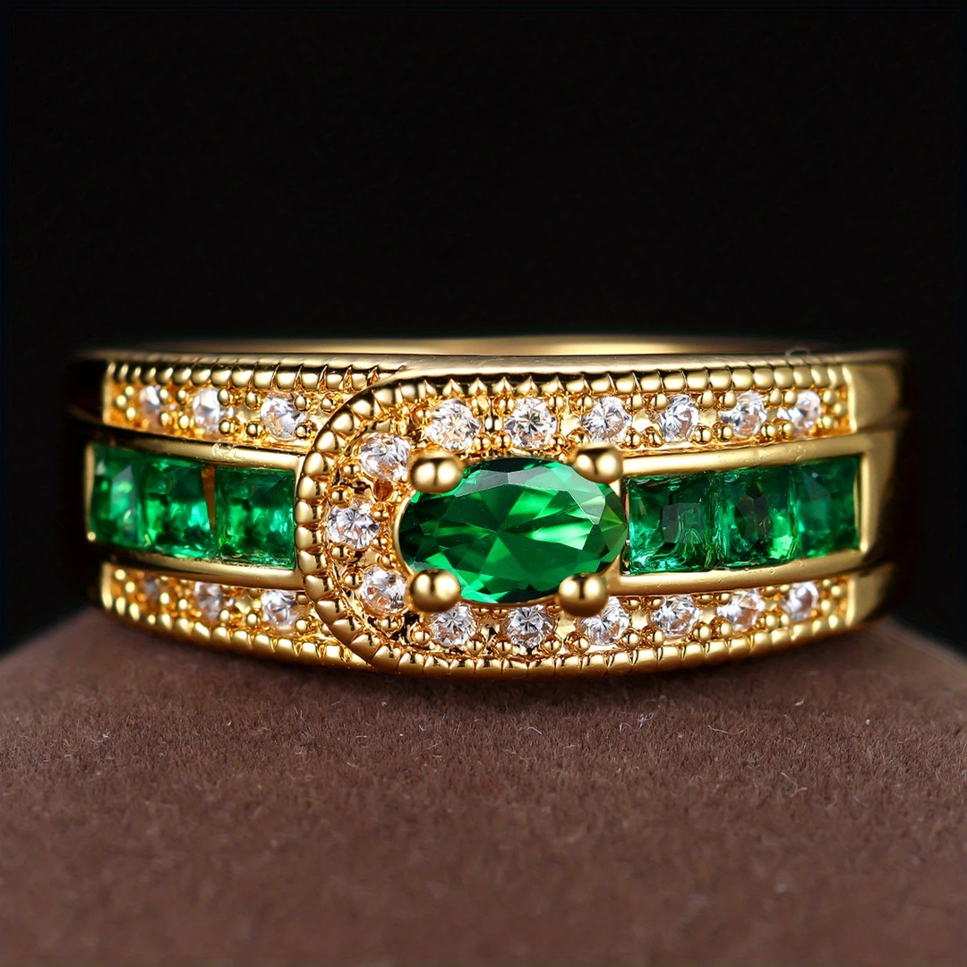 Vintage Green Zirconia Gold Ring - Elegant Handmade Jewelry