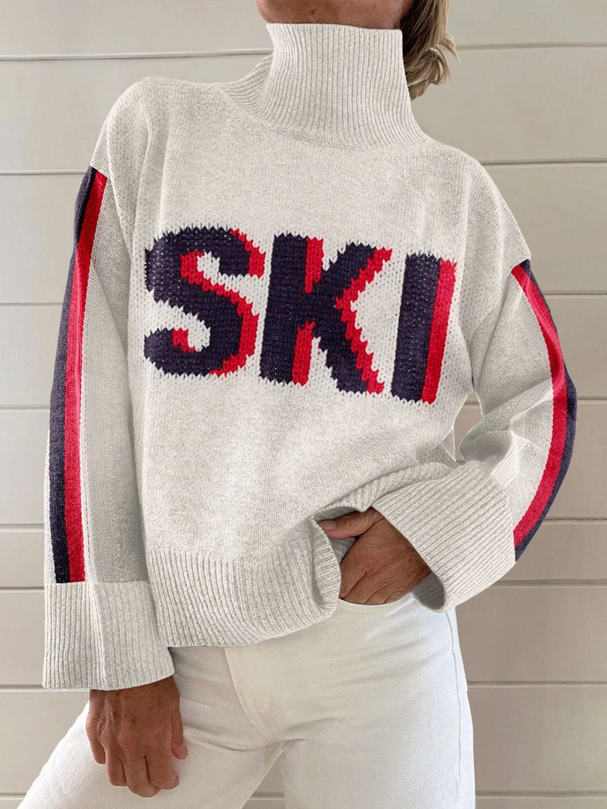 Vintage Winter Ski Print Knit Turtleneck Pullover Sweater