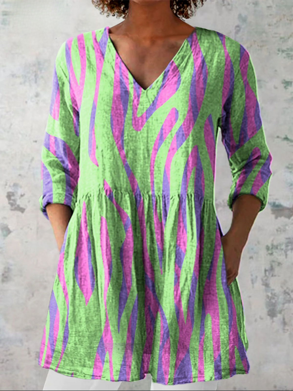 Women's Vintage Colorblock Striped Art Print Casual Linen V-neck Tunic