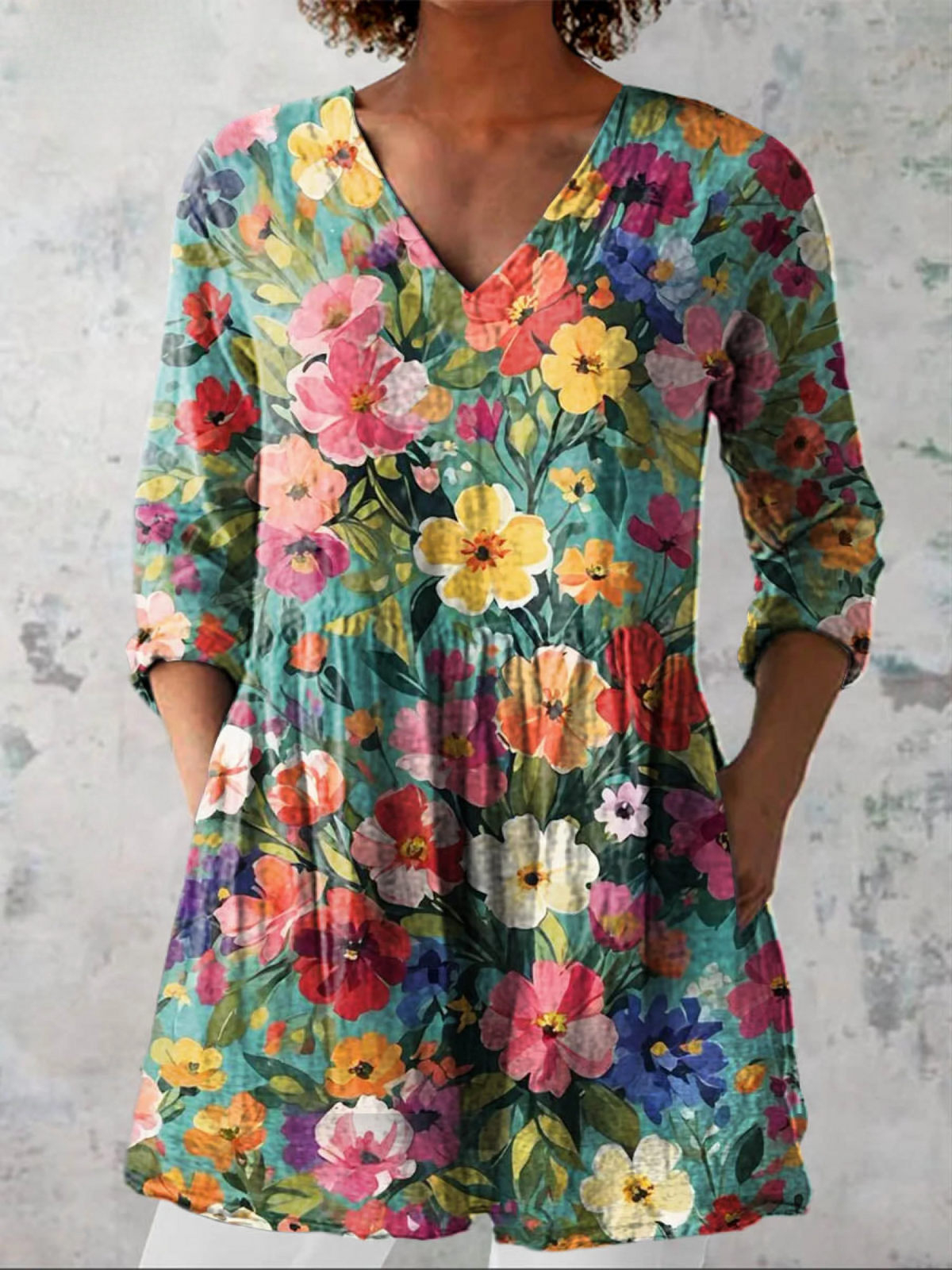 Women's Lovely Floral Art Print Casual Linen V-neck Tunic