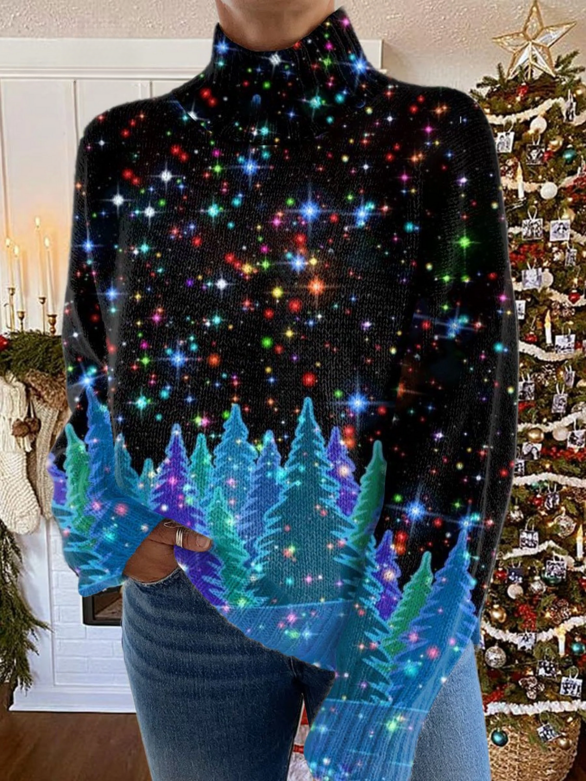 Glitter  Christmas  Print Knit Turtleneck Pullover Sweater