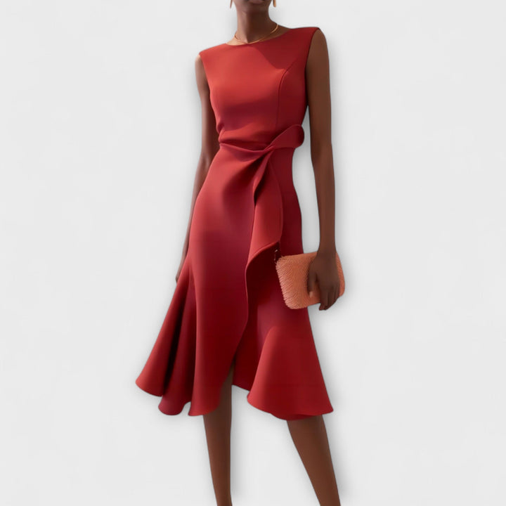Juliette Noir – Draped Asymmetric Midi Dress for Modern Sophistication
