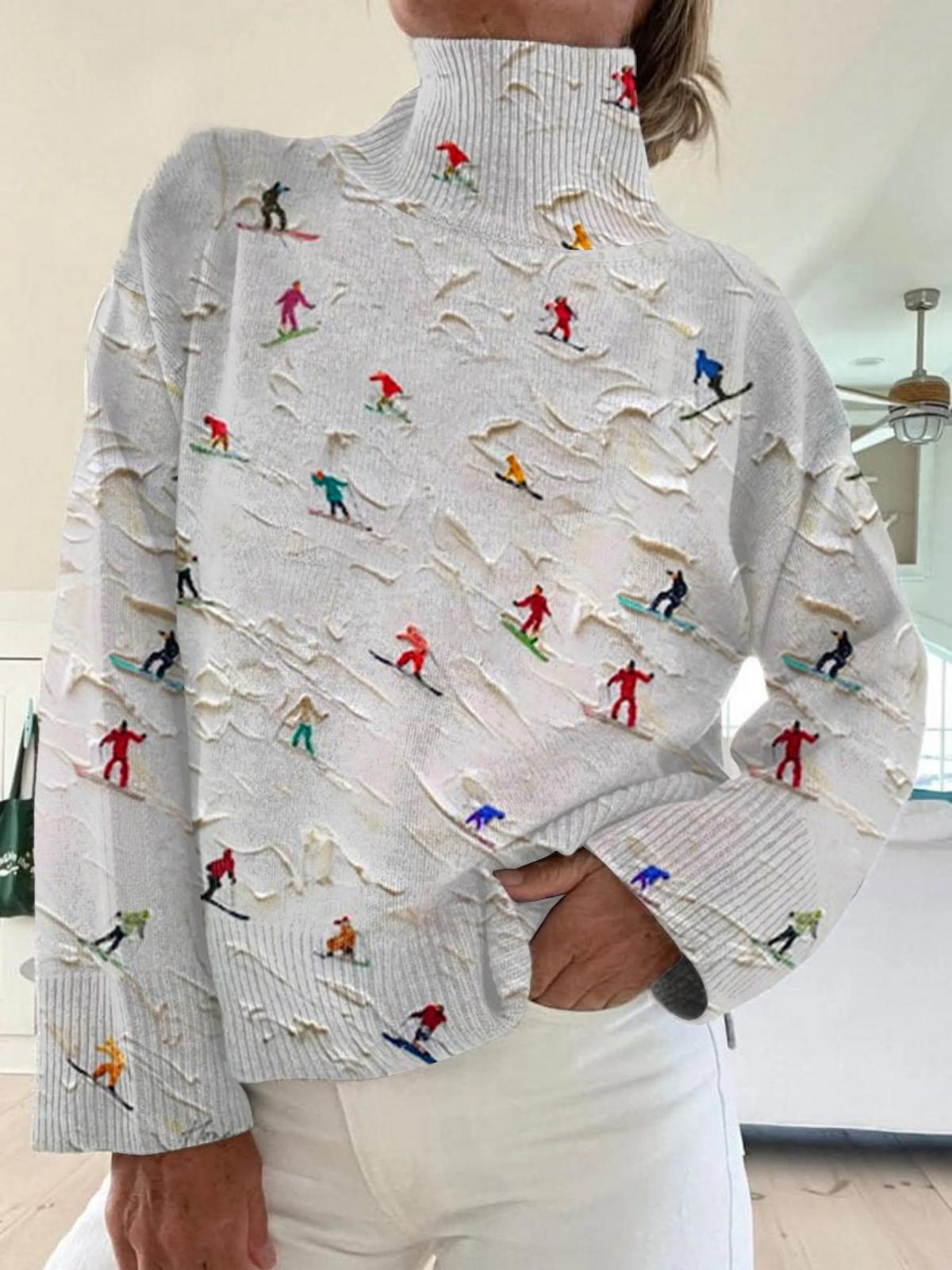 Retro Apres Ski  Art Print Knit Turtleneck Pullover Sweater