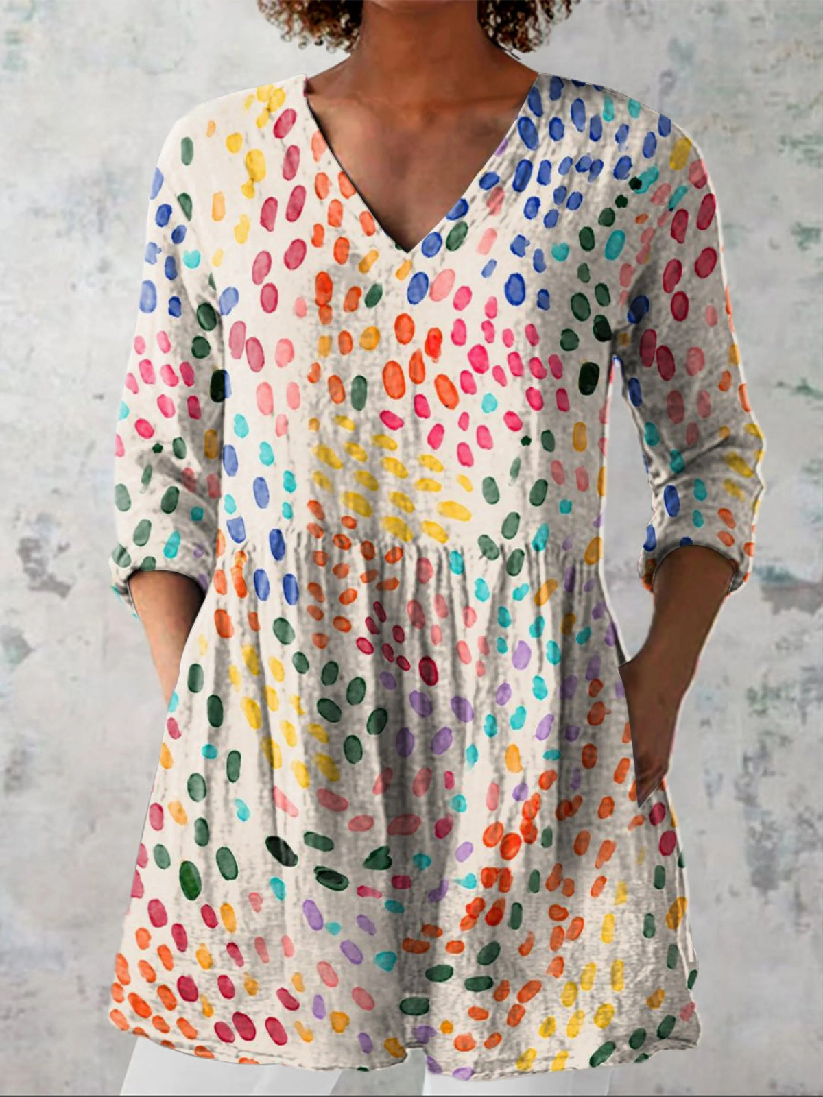 Watercolor Polka Dot Pattern Printed Women's Casual Linen V-Neck Tunic