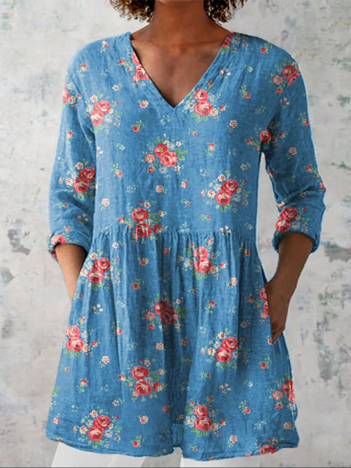 Lovely French Rose Pattern Printed Women's Casual Linen V-Neck Tunic
