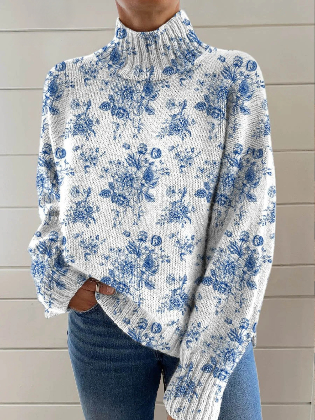 Lovely Floral Pattern Art Print Knit Turtleneck Pullover Sweater