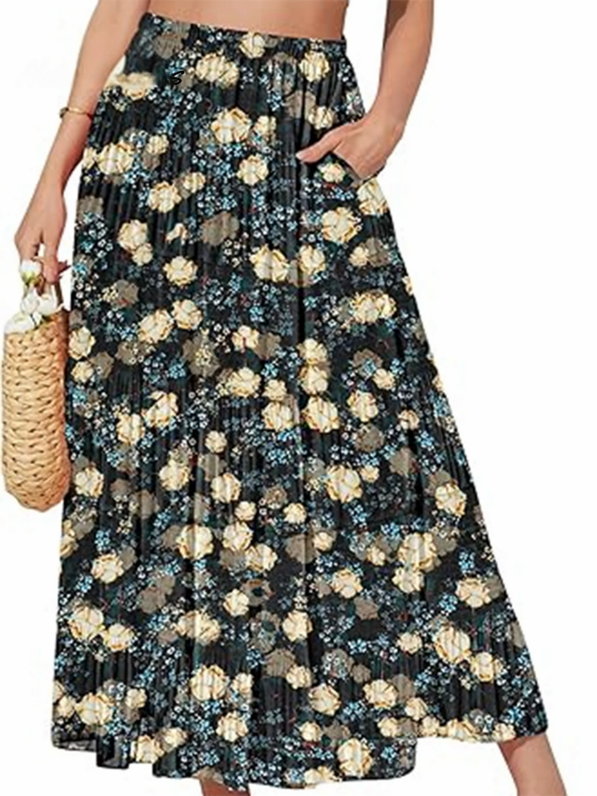Autumn and Winter Floral Print Elastic Waist Skirt