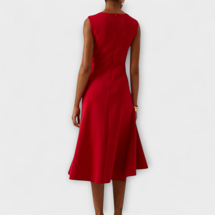 Juliette Noir – Draped Asymmetric Midi Dress for Modern Sophistication