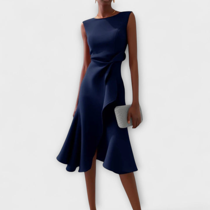 Juliette Noir – Draped Asymmetric Midi Dress for Modern Sophistication