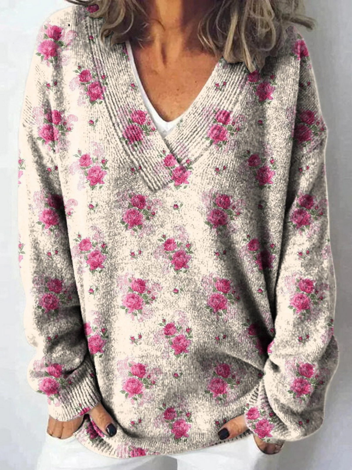 Watercolor French Rose Repeat Pattern Printed Knit V-neck Pullover Sweater