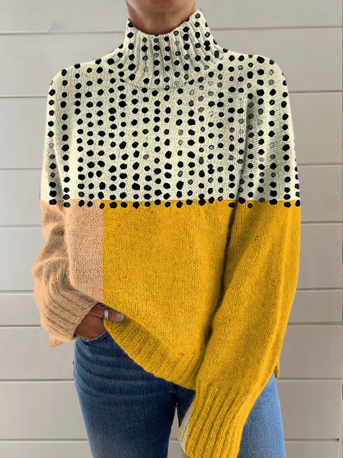 Yellow Color-blocked Dots Print Knit Turtleneck Pullover Sweater