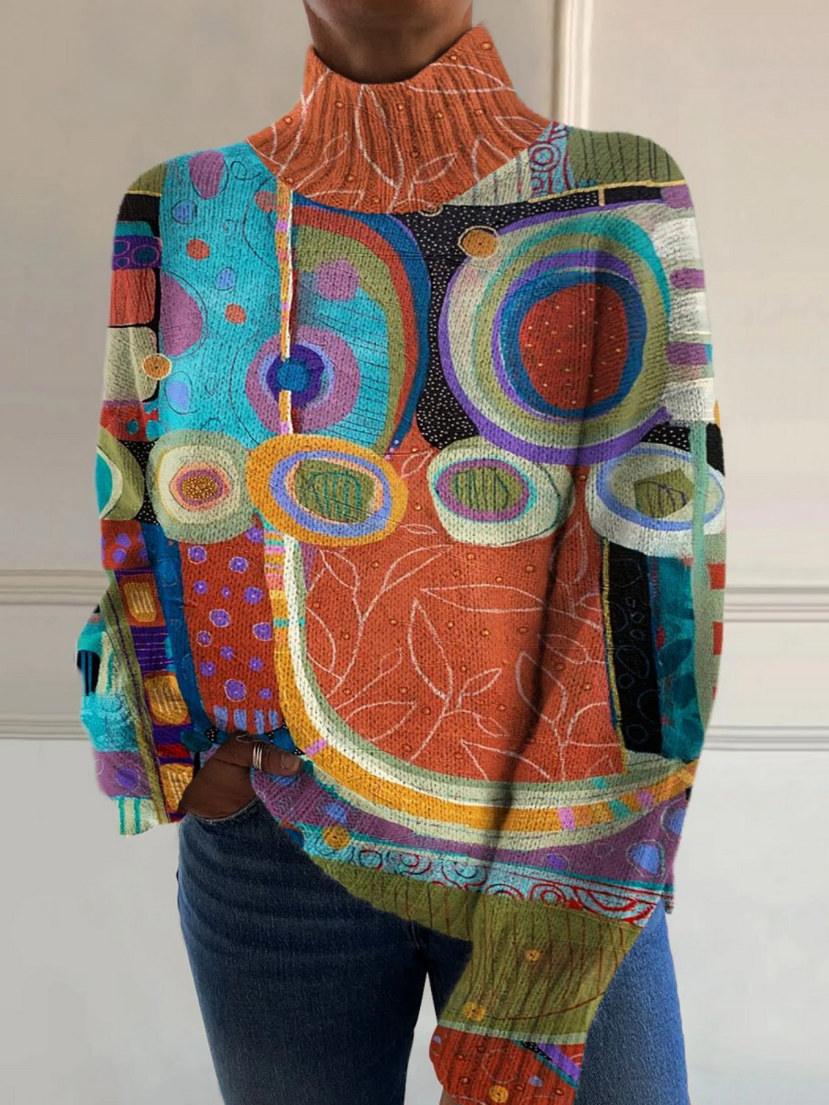 Vintage Abstract Tropical Botanical Art Print Knit Turtleneck Pullover Sweater